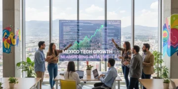 Modern Mexican tech office with diverse team collaborating