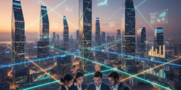 Dynamic visual representing the growth of Mexico startup funding, with AI and Fintech symbols over a modern city.