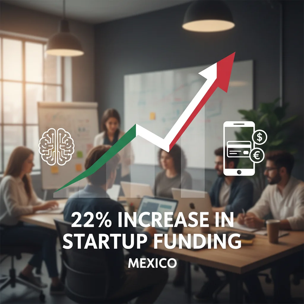 Graphic illustrating 22% jump in Mexico startup funding, highlighting AI and Fintech sectors.