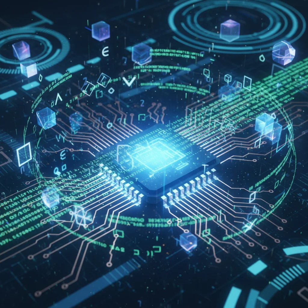 Microchip glowing with blue light, symbolizing advanced encryption in wearable technology