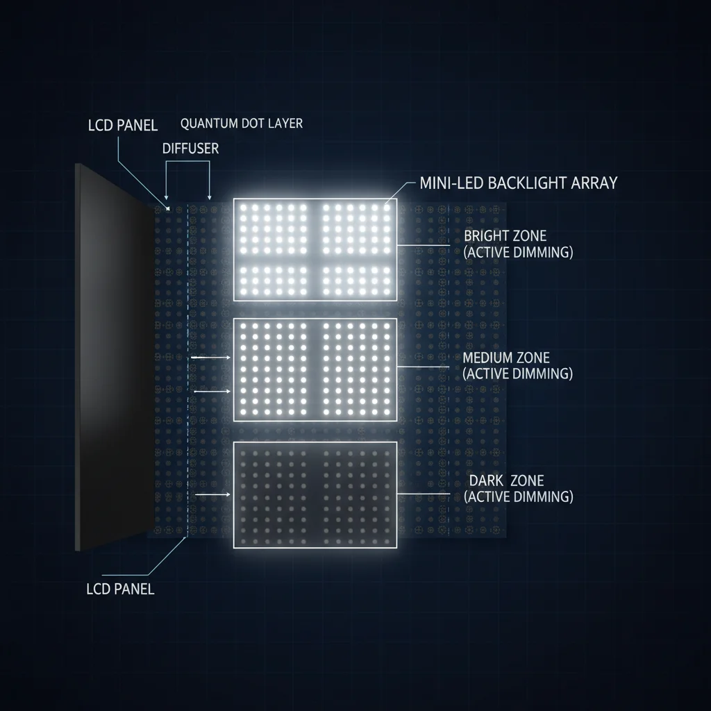 Diagram showing Mini-LED local dimming zones in a display.