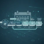 MLOps Implementation Roadmap: A 6-Month Guide Illustration of a 6-month MLOps implementation roadmap with gears, data flow, and calendar icons