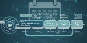Illustration of a 6-month MLOps implementation roadmap with gears, data flow, and calendar icons