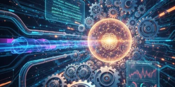 MLOps lifecycle illustration with data pipelines and AI model