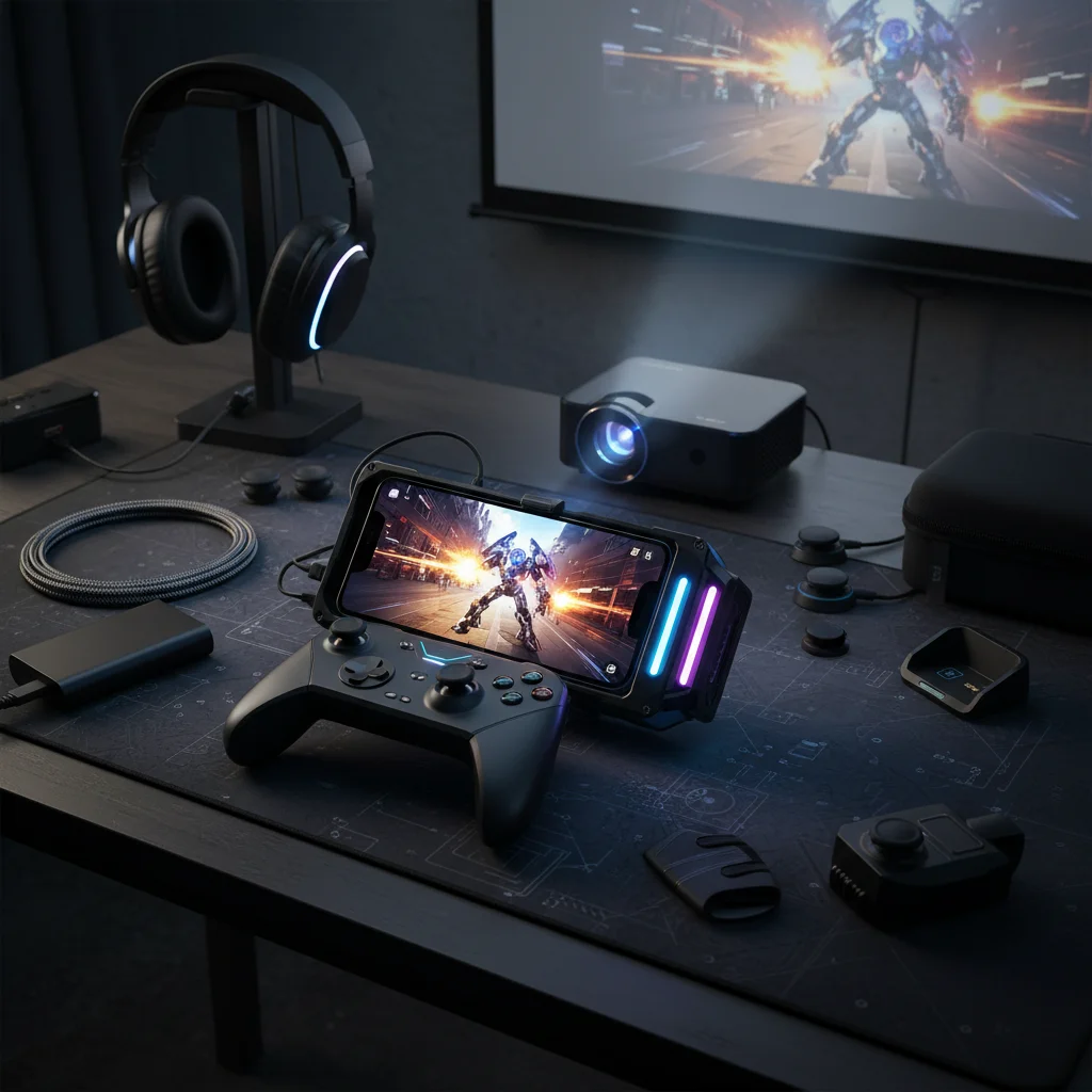 Smartphone with gaming accessories for enhanced mobile gaming.