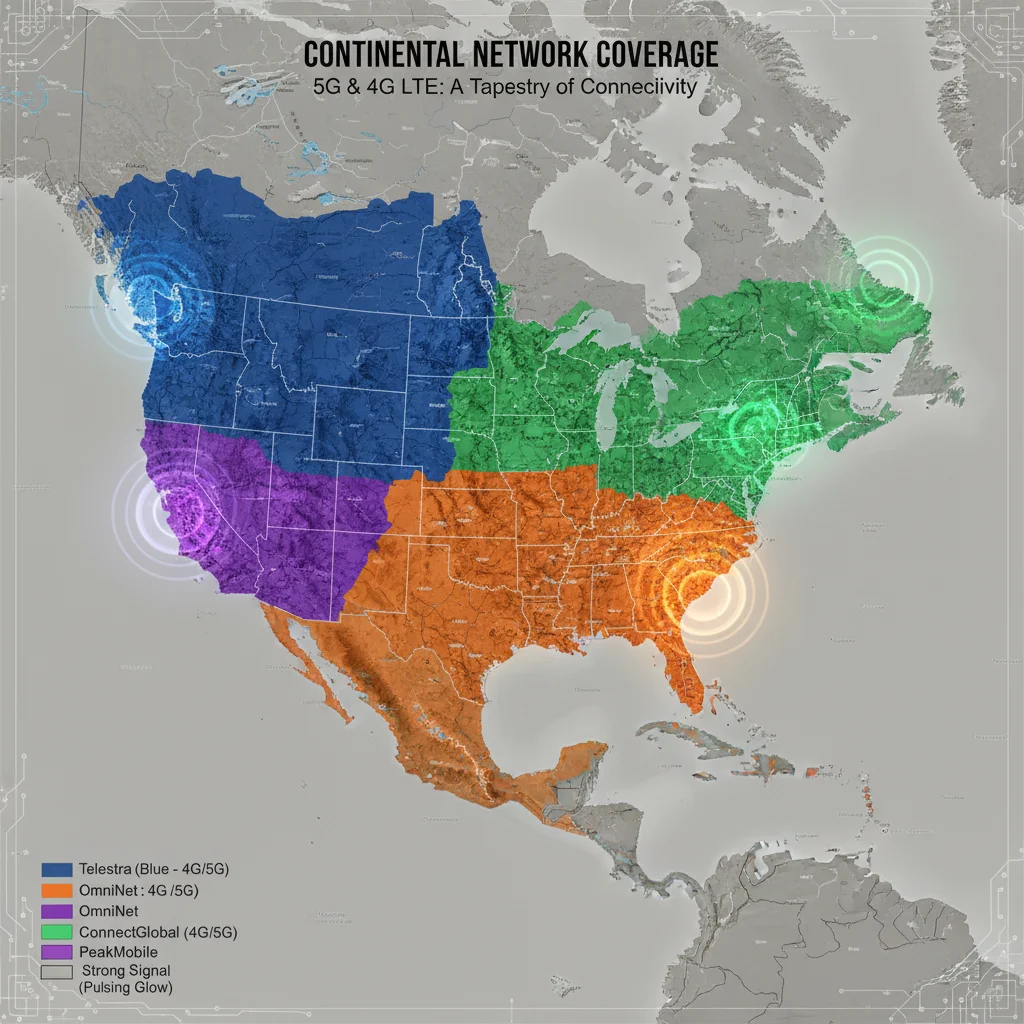 Detailed map illustrating 5G and 4G LTE network coverage of multiple mobile carriers.