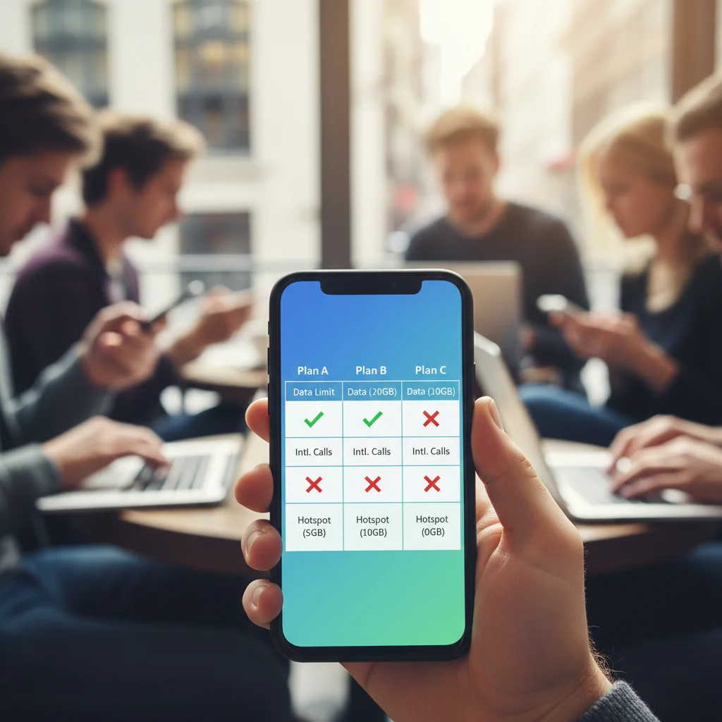 Smartphone screen showing a comparison chart of various mobile plan features and benefits.