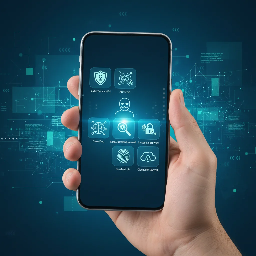 Hand holding smartphone with cybersecurity app icons.