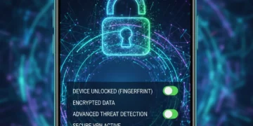 Smartphone screen showing security settings and a lock icon, emphasizing mobile data protection.