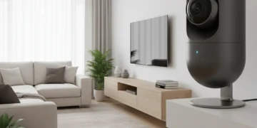 Modern smart home security camera in a living room