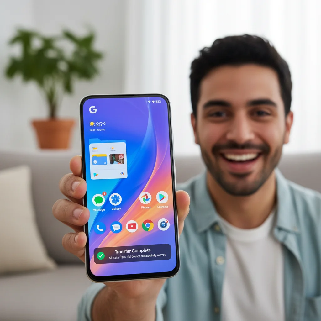 Happy user with newly transferred Android phone