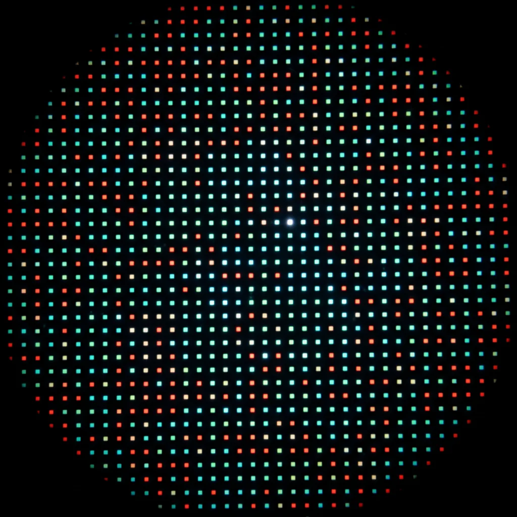 Microscopic view of OLED pixels illuminating for display.