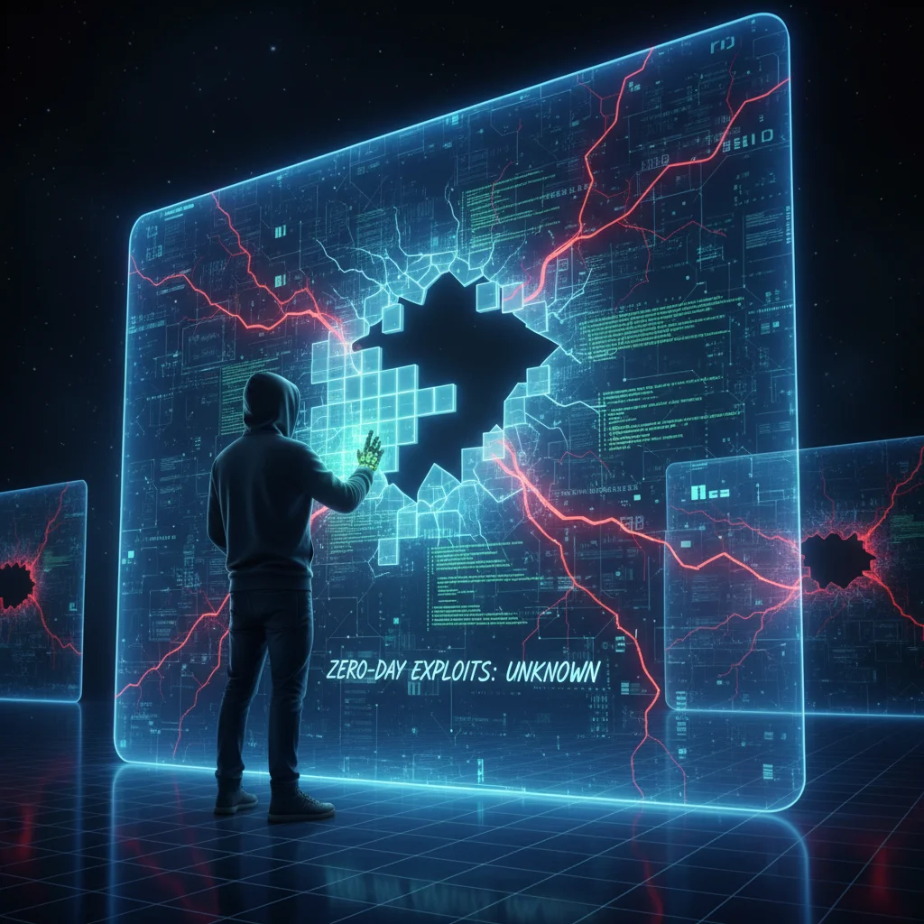 Person patching digital wall, symbolizing continuous vulnerability management against zero-day exploits