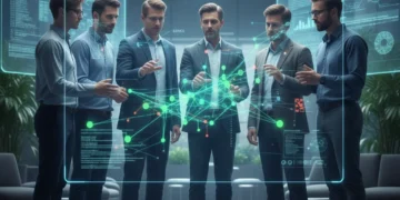 Diverse team collaborating on a holographic AI model to ensure fairness and prevent bias in algorithms.