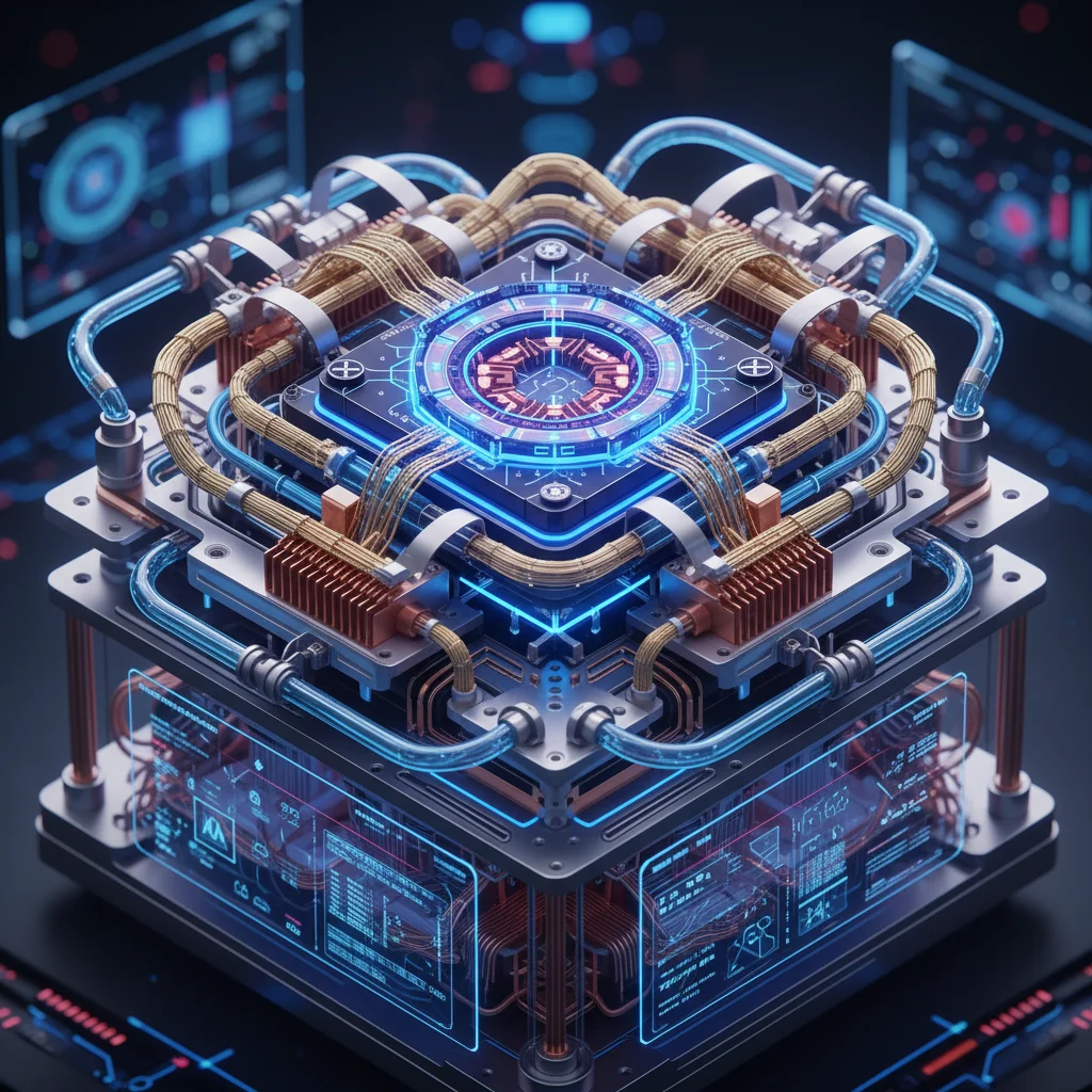 Close-up of a glowing quantum computer processor