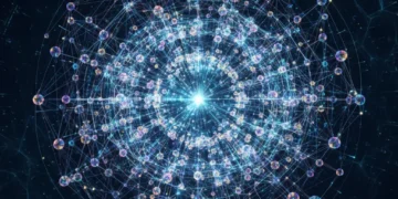 Abstract representation of quantum computing processes with interconnected particles and light.