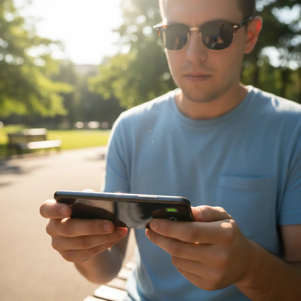 Person using a smartphone outdoors with reduced screen brightness to conserve battery.