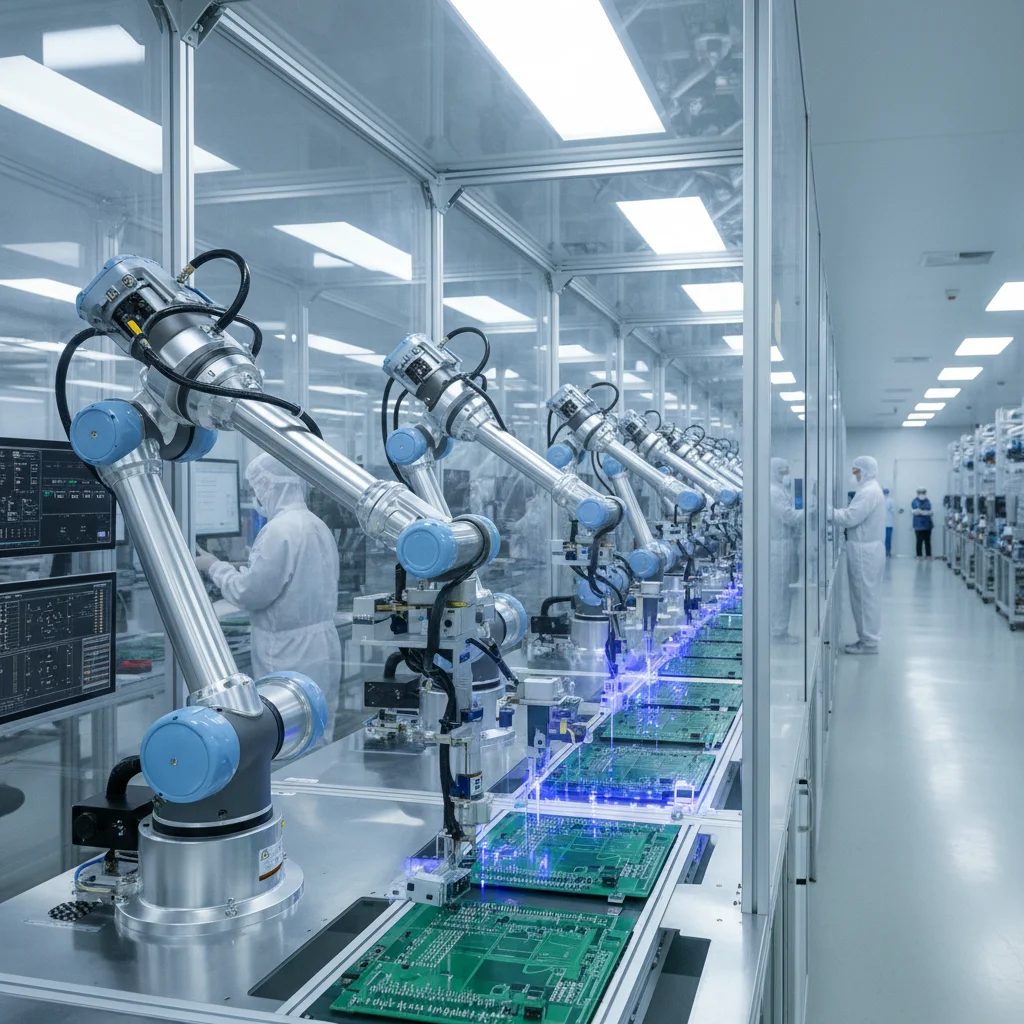 Robotic arms assembling circuit boards in a high-tech factory