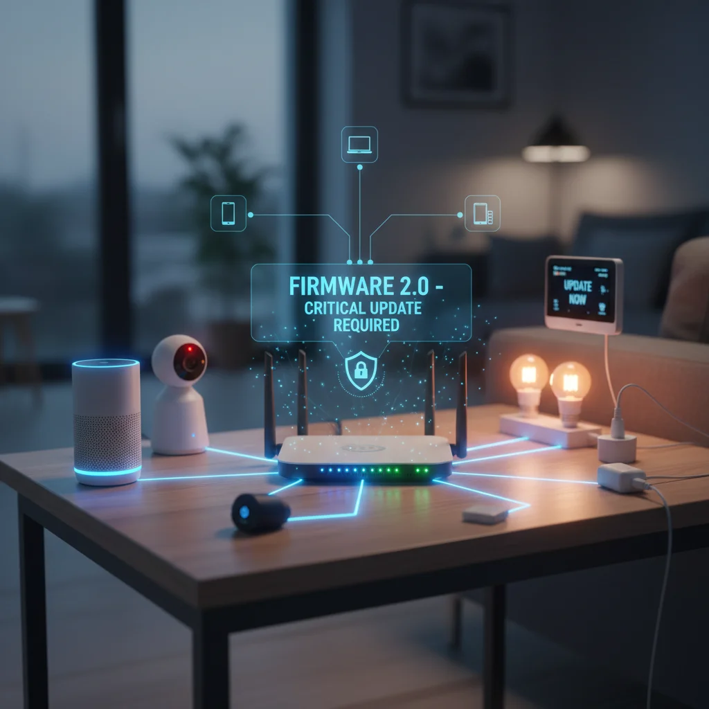 Network router with smart home devices, highlighting firmware updates