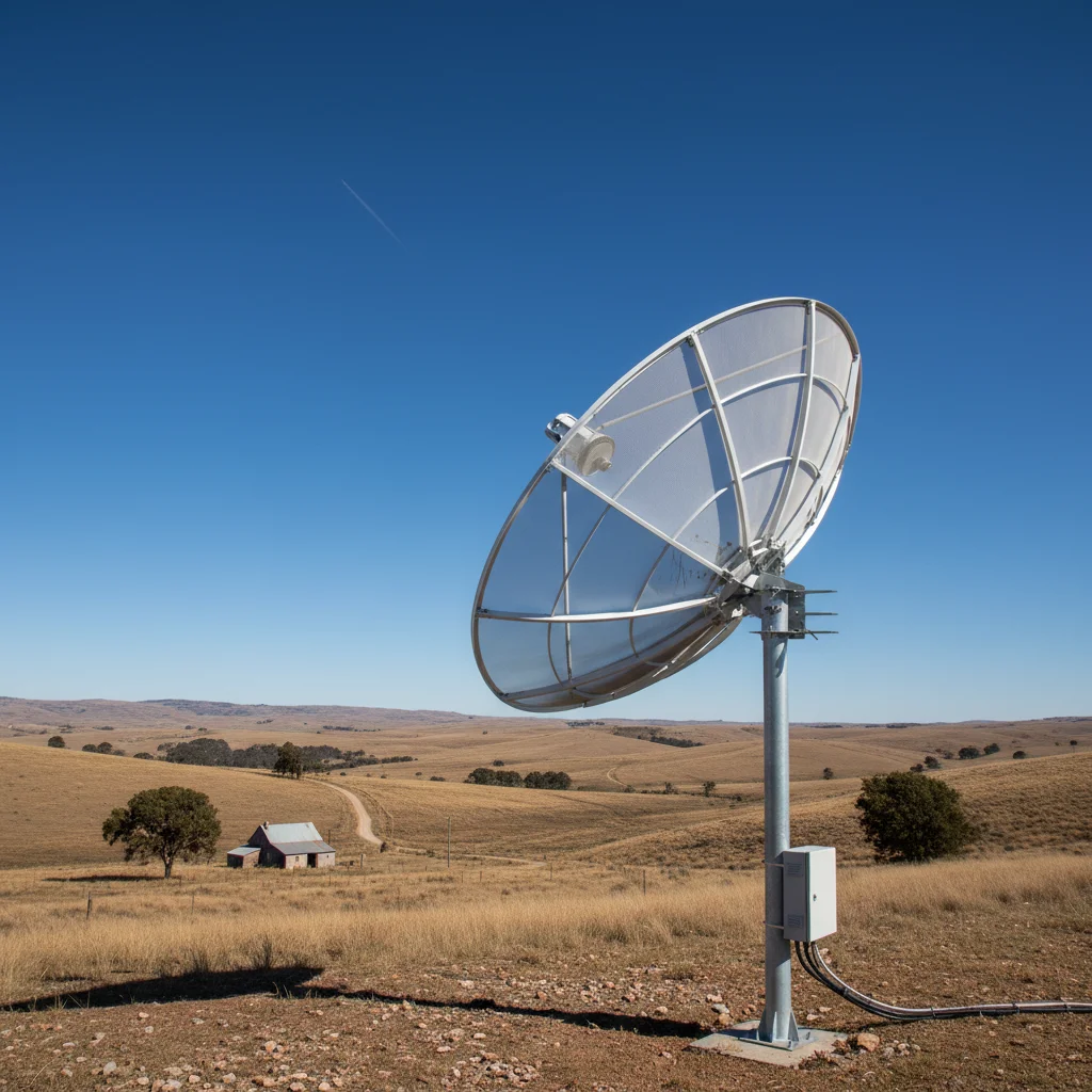 Satellite dish in a rural setting, enabling internet connectivity.