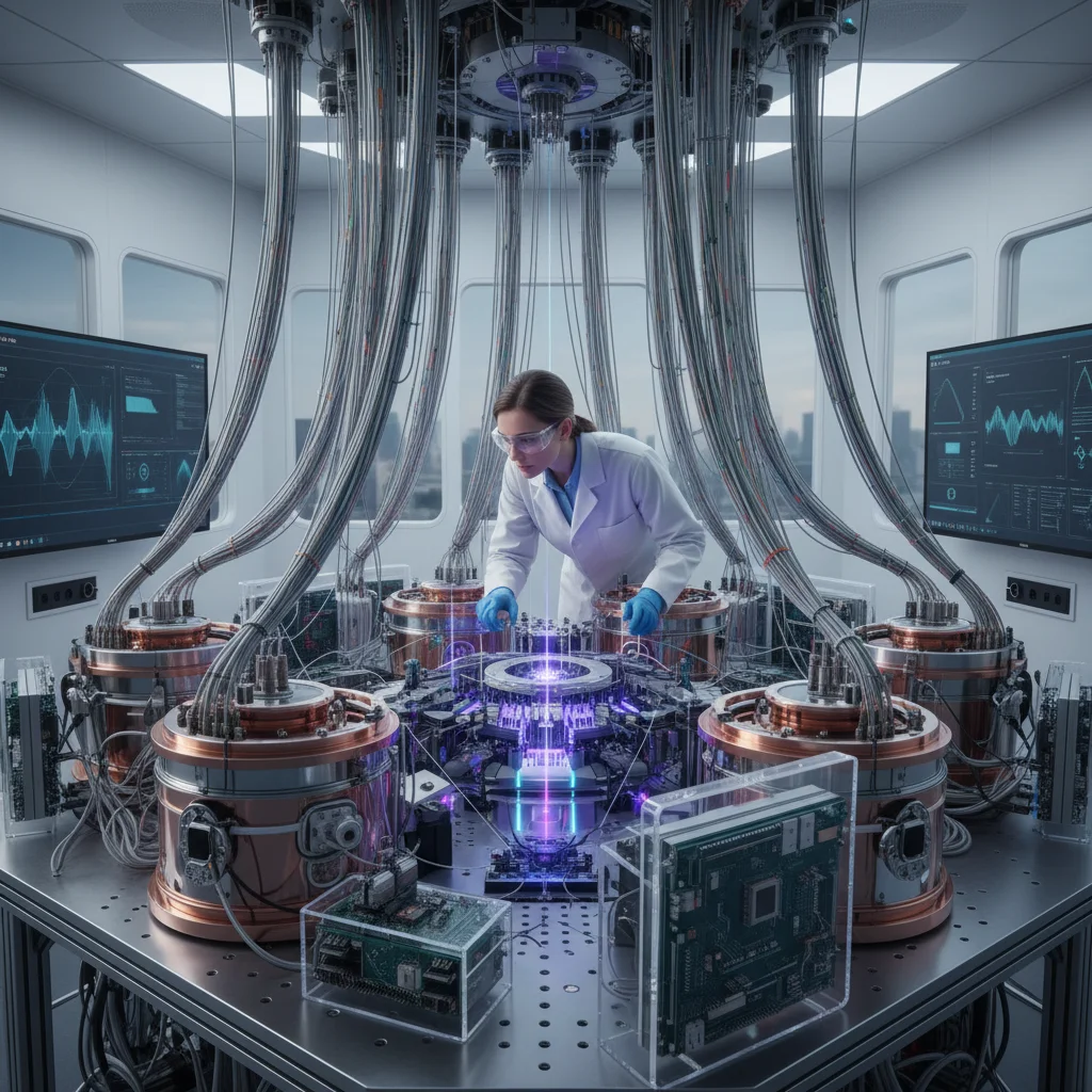 Scientist observing a complex quantum computer in a laboratory setting.