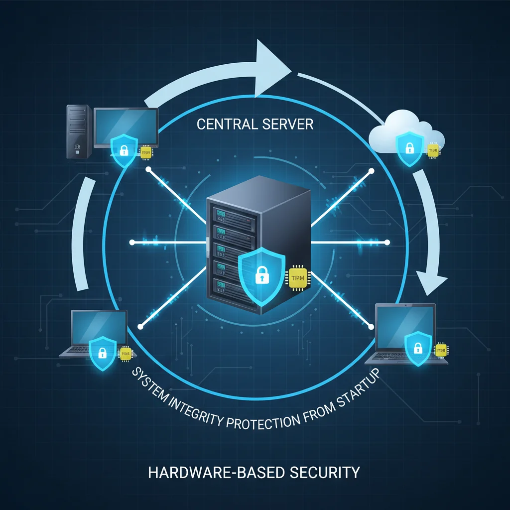 Network diagram showing secure boot and TPM icons protecting system integrity.