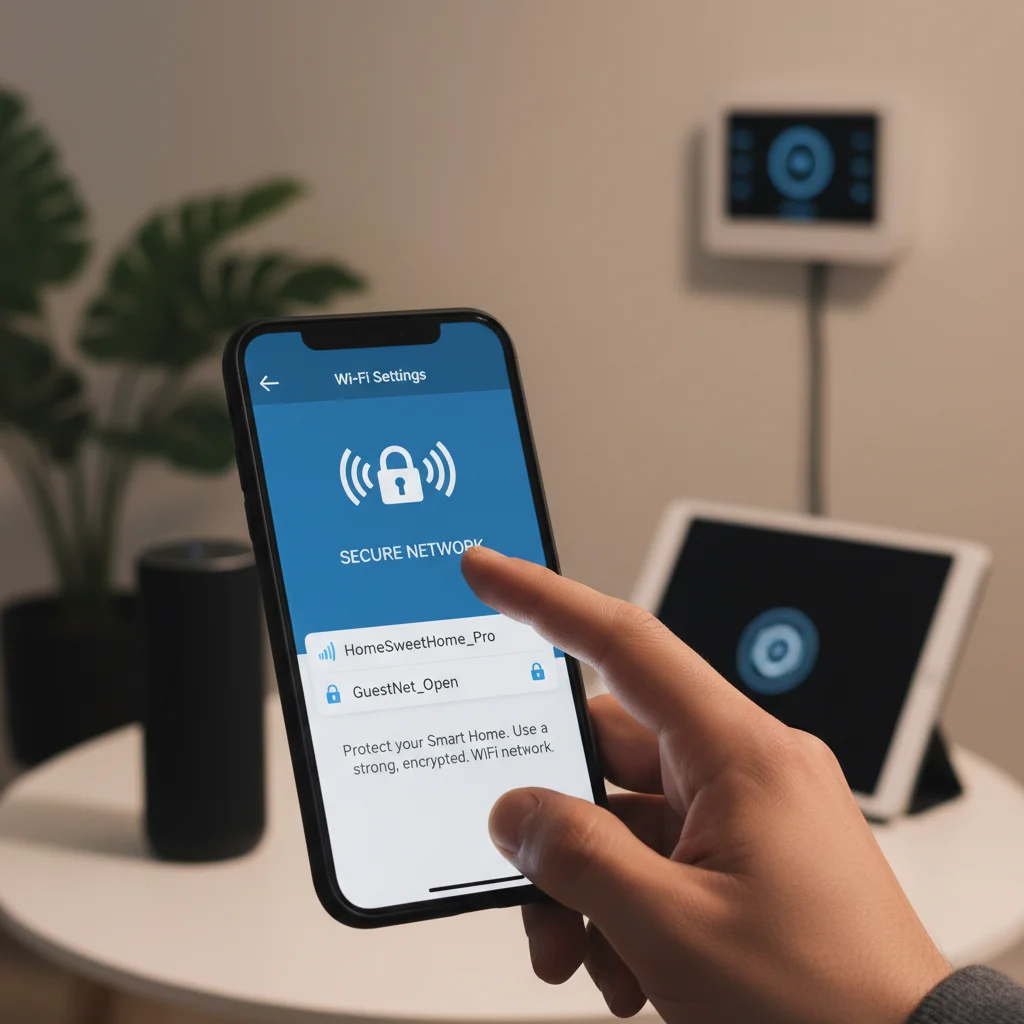 Hand using smartphone to configure secure Wi-Fi settings for smart home devices.