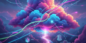 Futuristic cloud computing landscape with serverless function icons