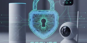 Digital padlock icon over smart home devices, representing robust smart home security.