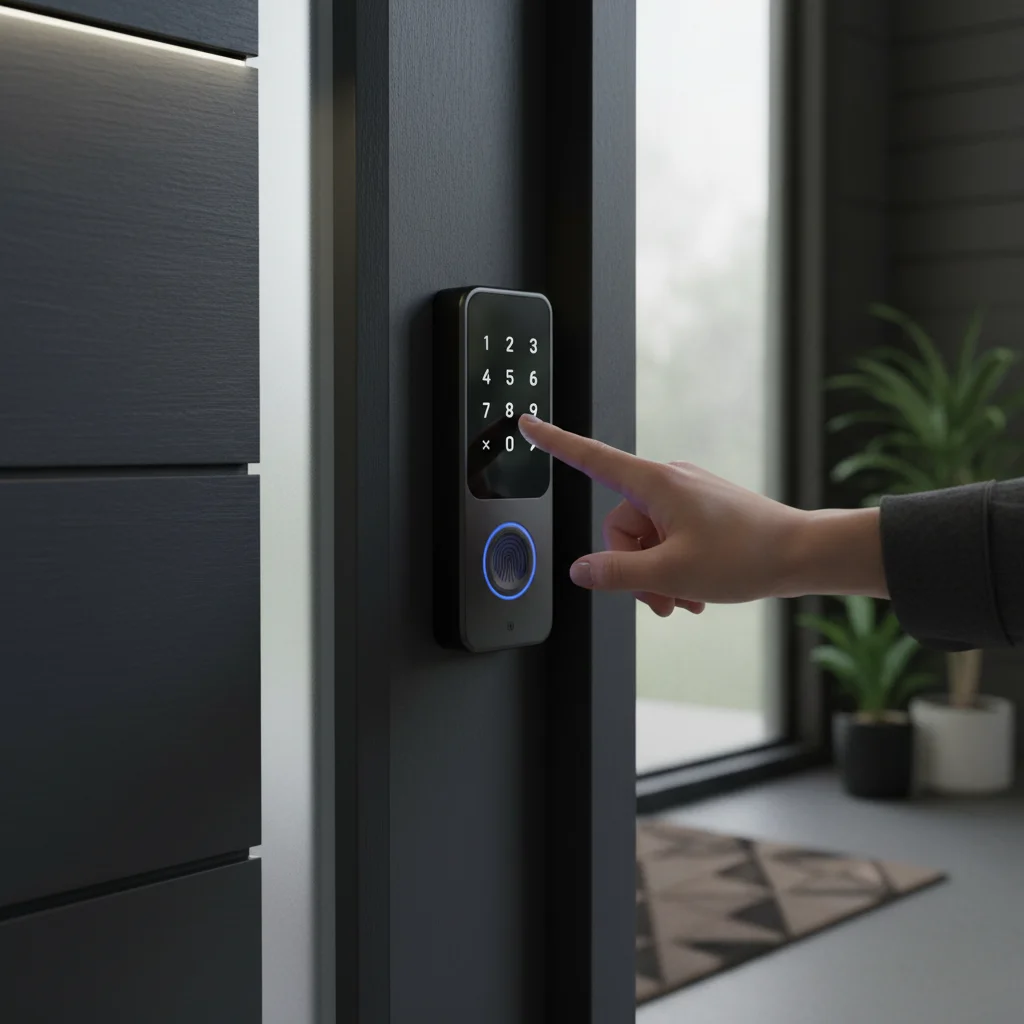 Smart lock on a modern front door with digital keypad
