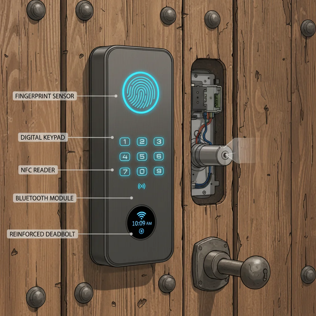 Smart lock with keyless entry features on a wooden door