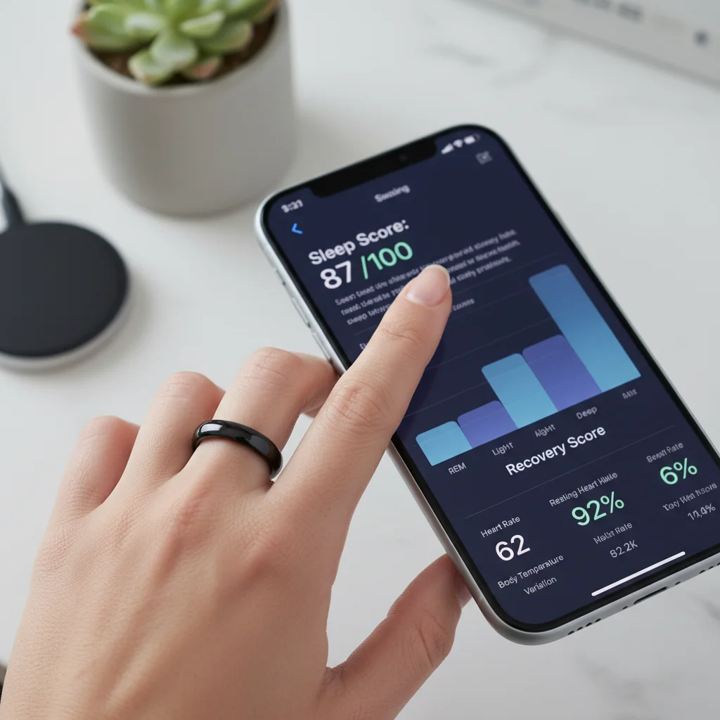 Smart ring tracking sleep and recovery data on a smartphone