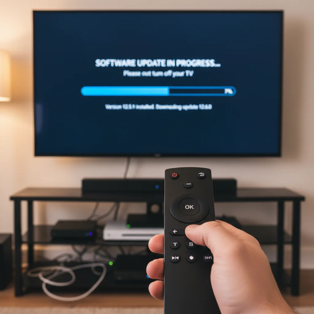 Hand holding remote control, smart TV updating firmware