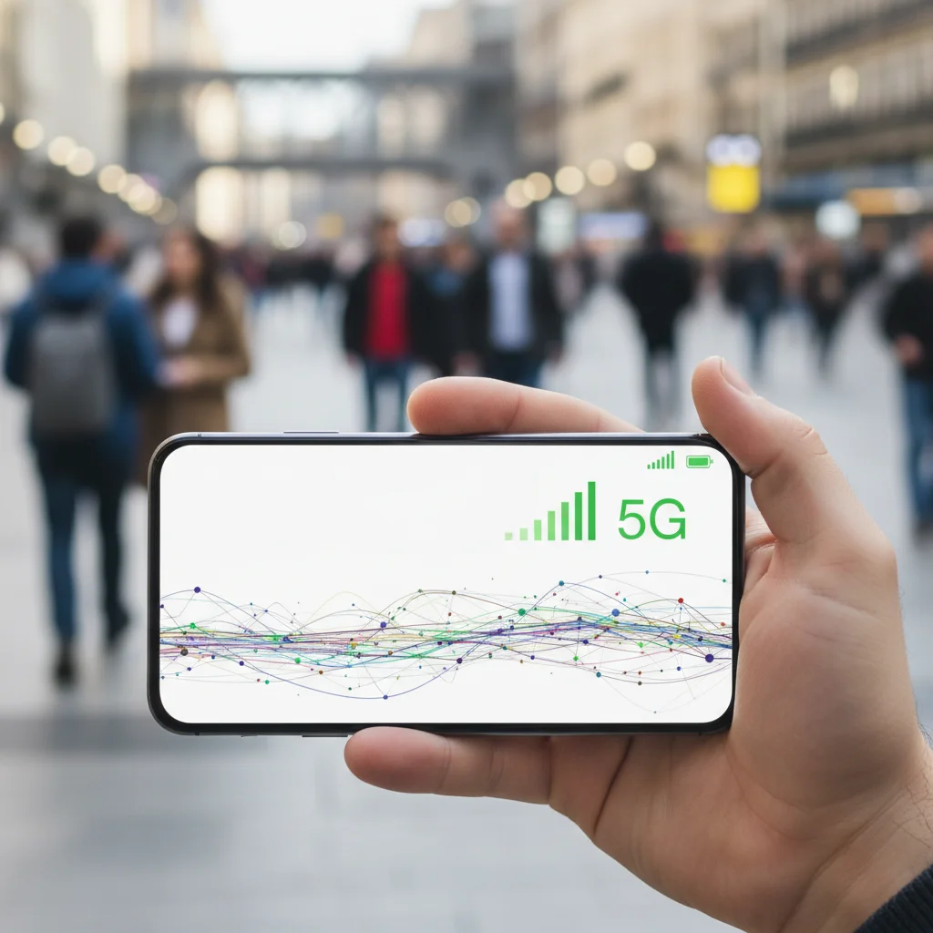 Hand holding smartphone with full 5G signal in a public area, showing seamless connectivity.