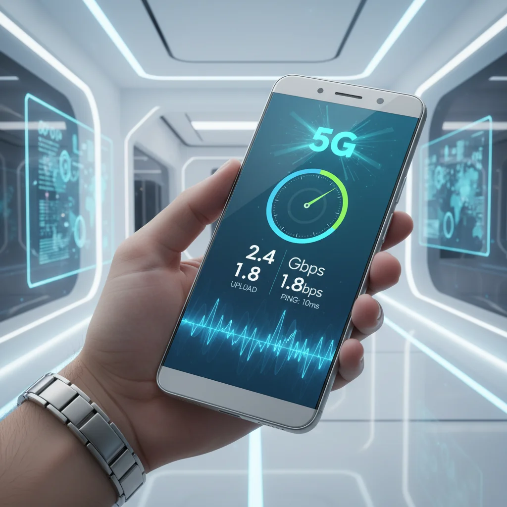 Smartphone displaying ultra-fast 5G connectivity and speed test results