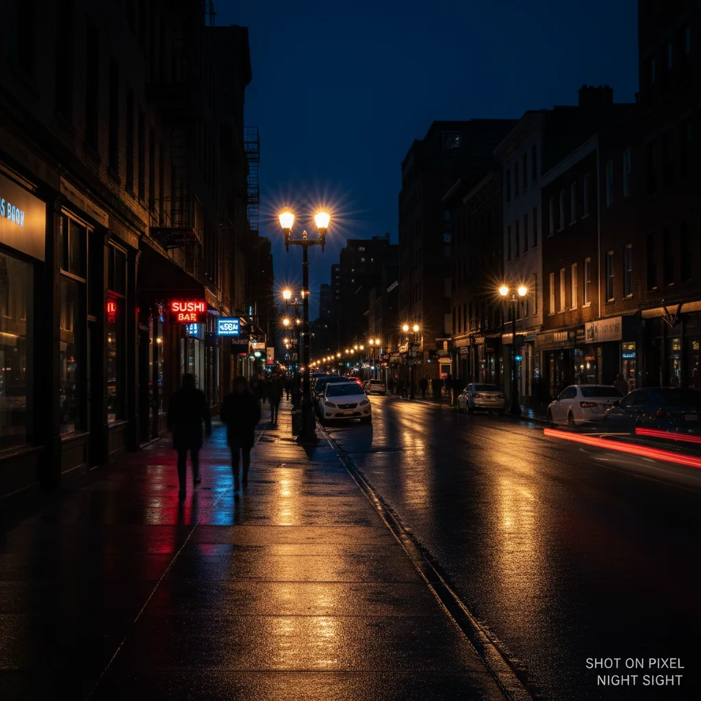 Night photography sample of a city street captured by a smartphone