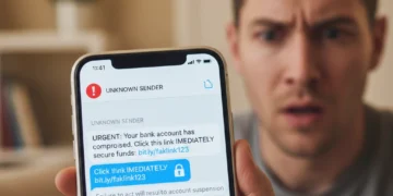 Smartphone screen showing a phishing text message with a warning icon.