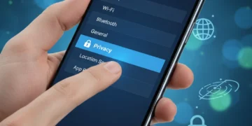 Hand holding smartphone with privacy settings on screen