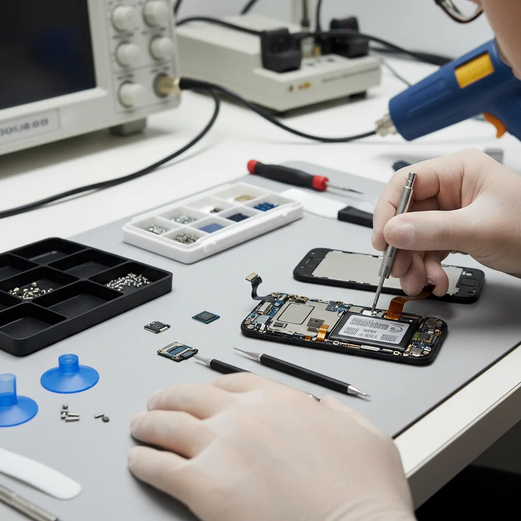 Technician's hands repairing smartphone with tools on workbench
