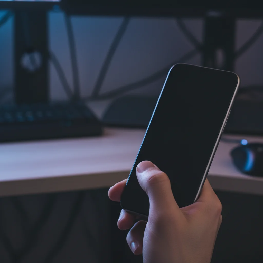 Person performing a soft reset on a smartphone by holding the power button.