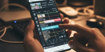 Hands using a smartphone to edit a video, showcasing a vibrant editing app with multiple tracks and effects.