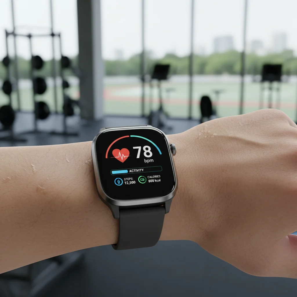 Person checking heart rate on a smartwatch during exercise