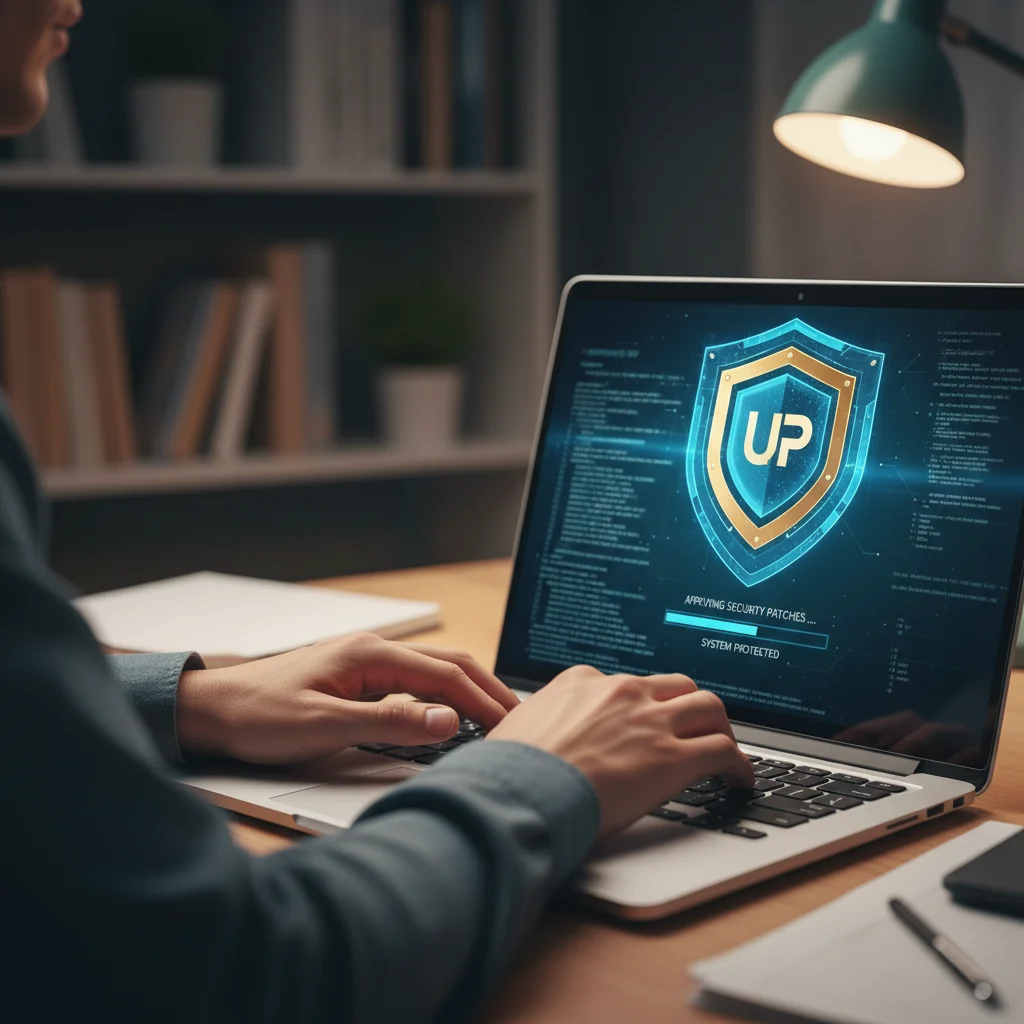 Hands typing on a laptop, shield icon on screen, symbolizing software updates