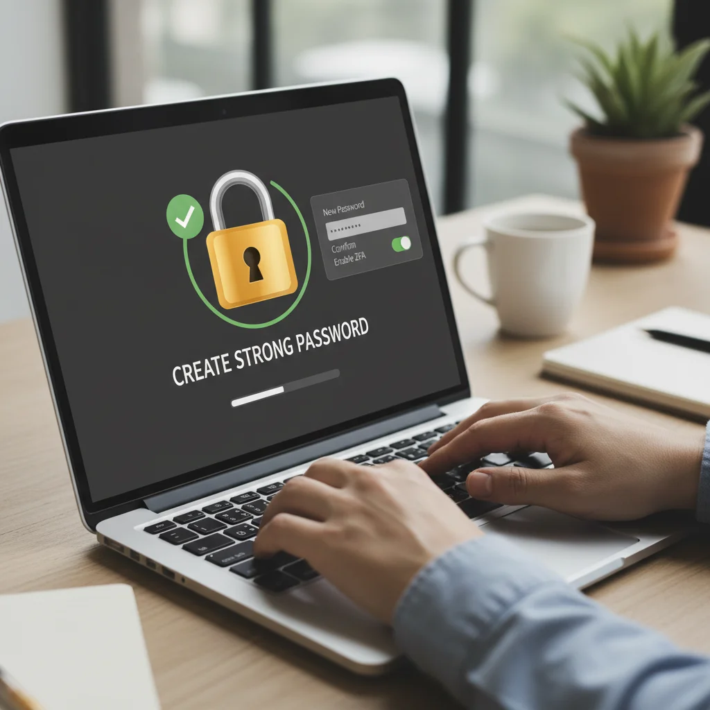Person setting up strong password on laptop with padlock icon