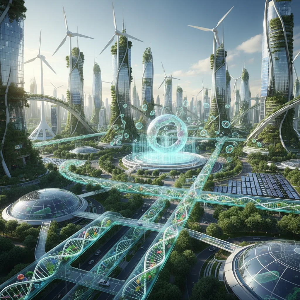 Visual representation of sustainable technology and biotech advancements in an eco-friendly setting.