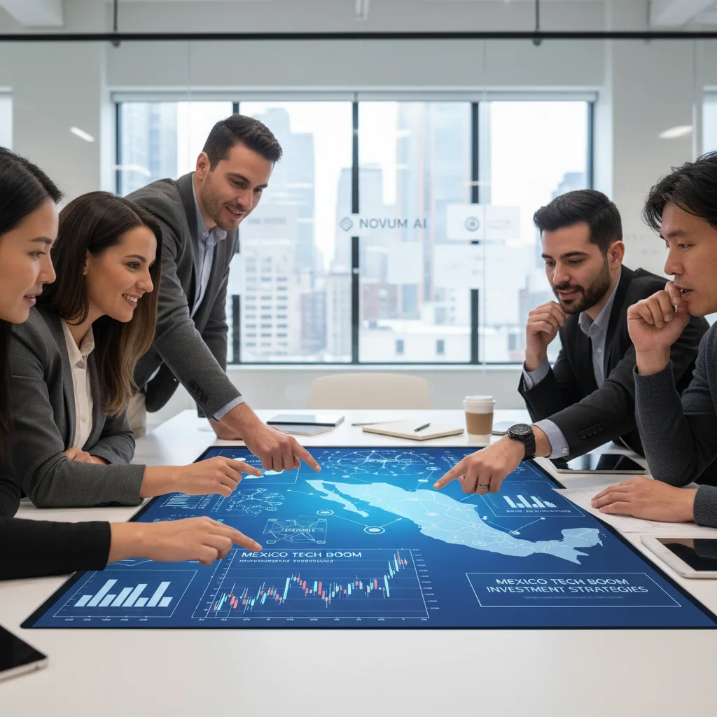 Team collaborating on financial charts and AI data, symbolizing strategic investment in Mexico's tech sector.