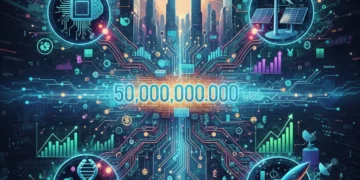 Dynamic digital illustration of tech investment trends with financial data and futuristic elements.