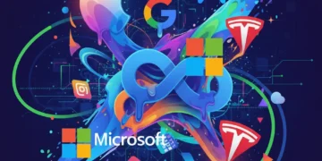 Digital illustration of tech company logos merging, symbolizing market consolidation through acquisitions.