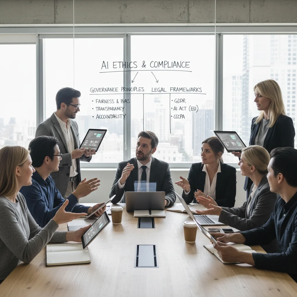 Tech team discussing AI ethics and regulatory compliance