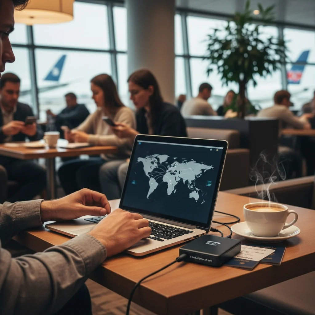 Traveler setting up compact VPN hotspot in airport lounge